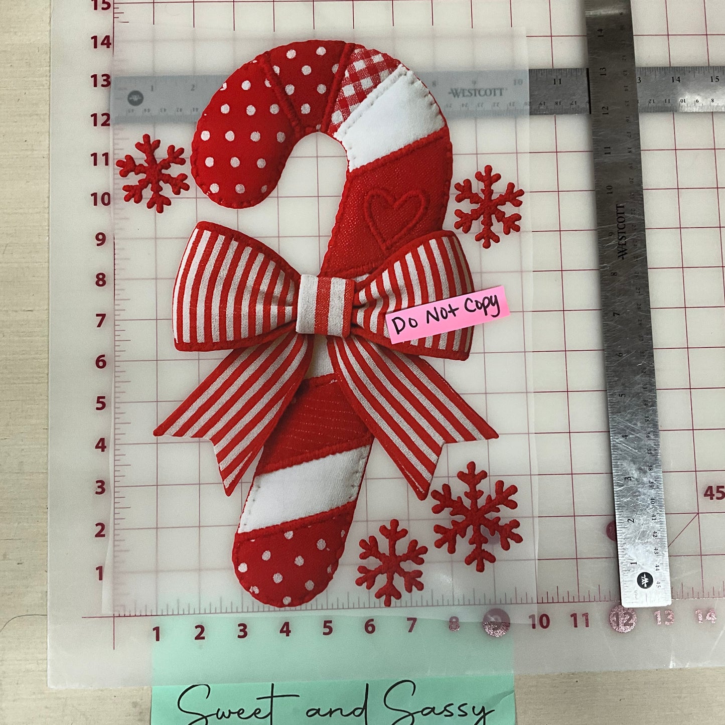 candy cane patchwork with bow and snowflakes DTF Transfer Design