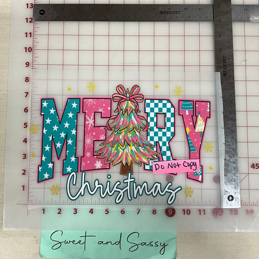 Merry christmas tree pink teal gold DTF Transfer Design