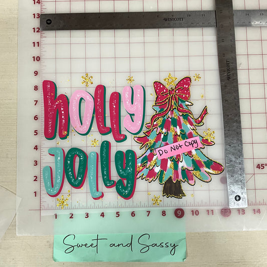 holly jolly tree gold trim pink teal DTF Transfer Design