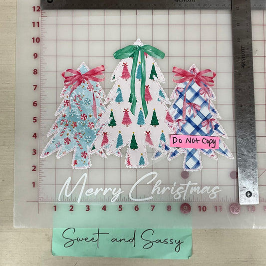 merry christmas 3 trees bows plaid candy DTF Transfer Design\