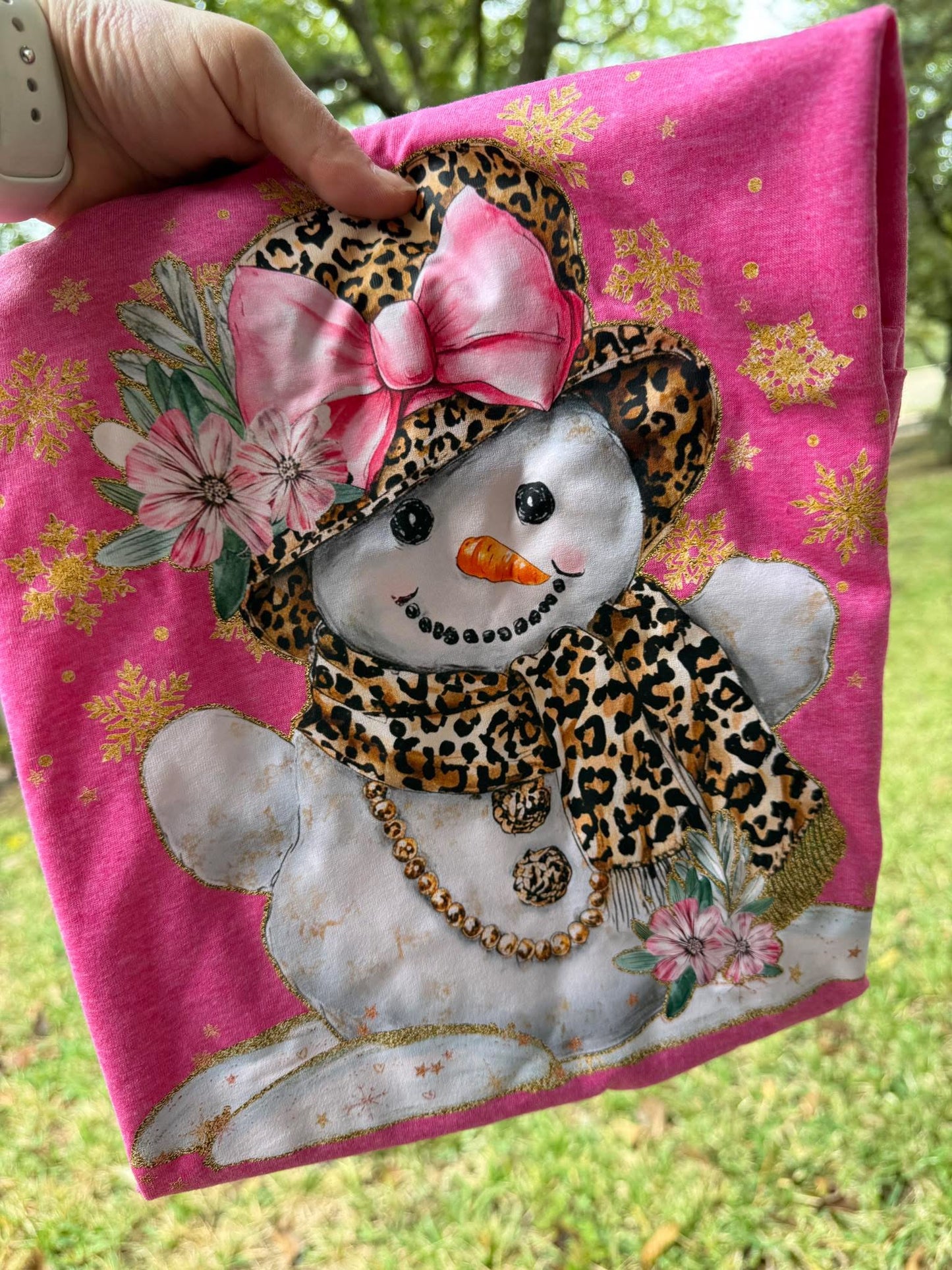 LEOPARD AND FLOWERS SNOW LADY snowman pink bow DTF Transfer Design