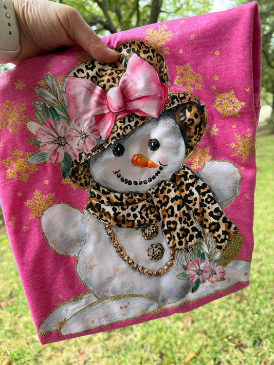 LEOPARD AND FLOWERS SNOW LADY snowman pink bow DTF Transfer Design