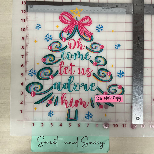 oh come let us adore him tree bow pink DTF Transfer Design
