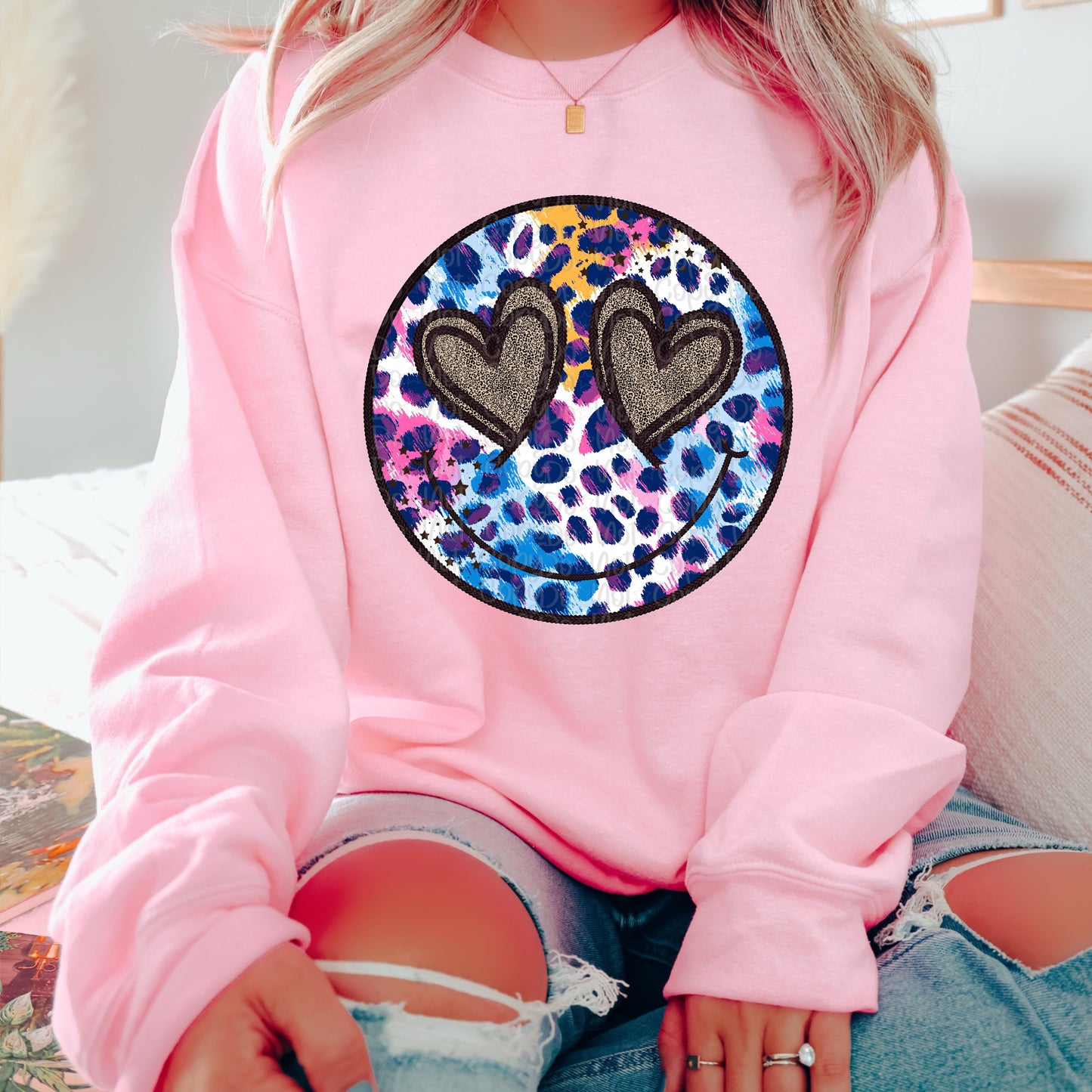 Faux Embroidery Smiley multi color leopard DTF Transfer Design