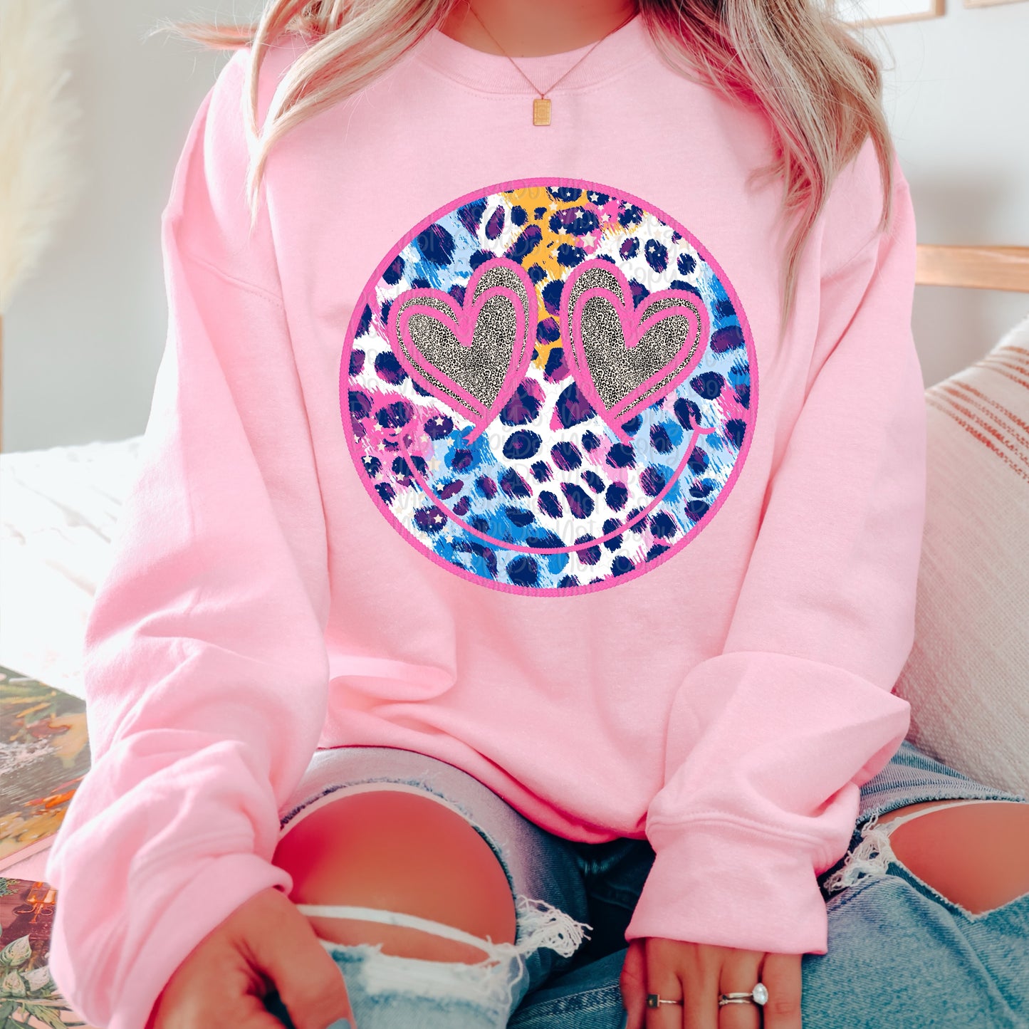 Faux Embroidery Smiley multi color leopard DTF Transfer Design