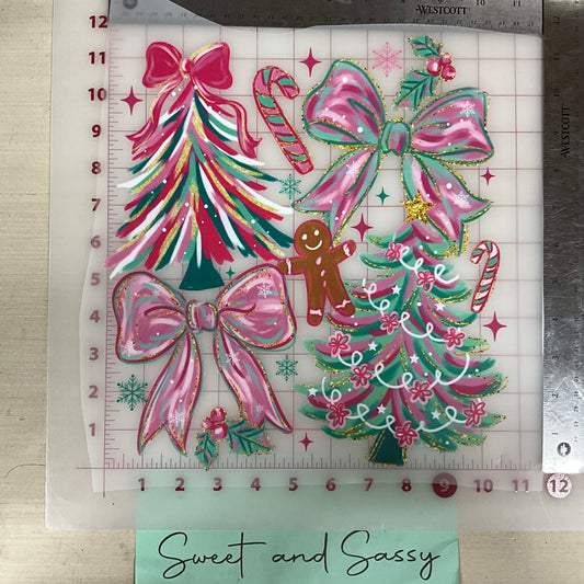 christmas collage pink mint tree bow gingerbread DTF Transfer Design
