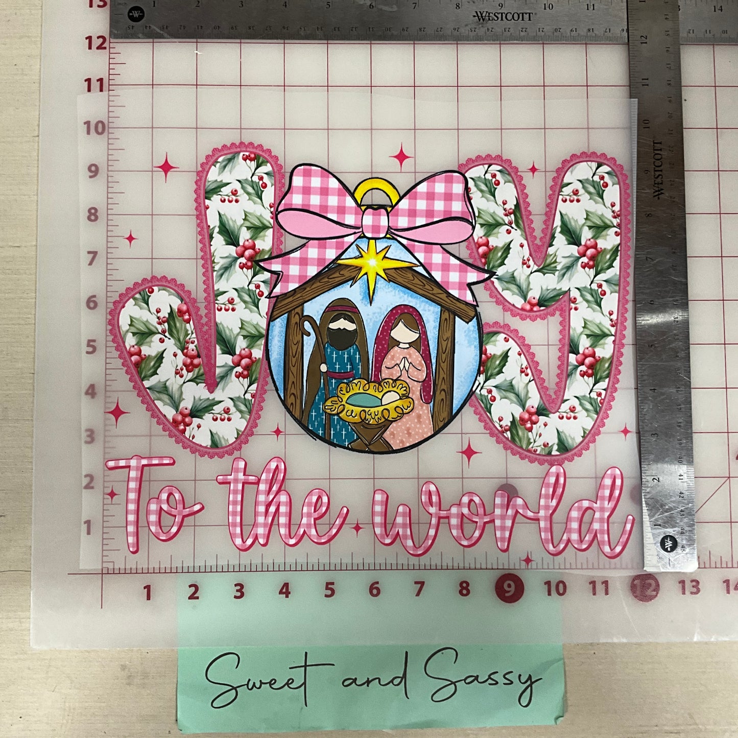 JOY TO THE WORLD pink bow ornament DTF Transfer Design