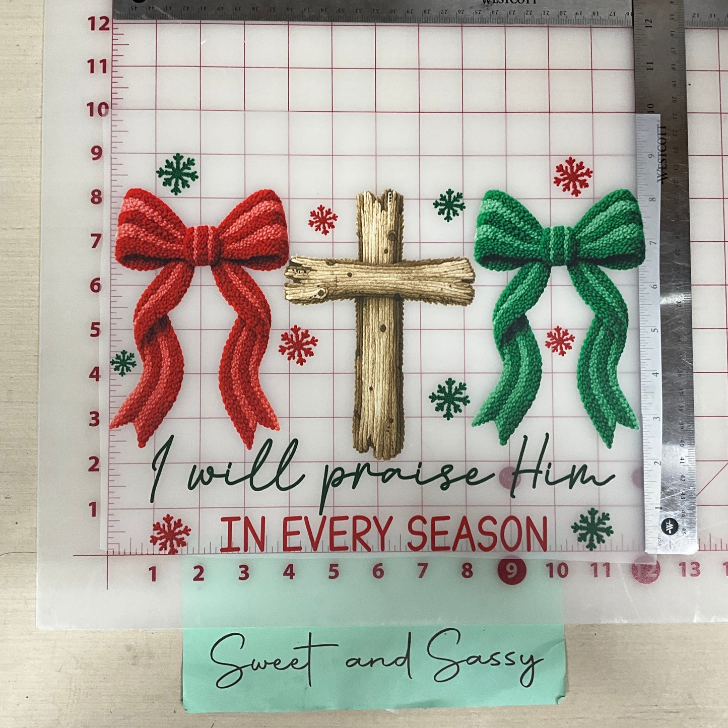 I WILL PRAISE HIM in every season red green bow cross DTF Transfer Design