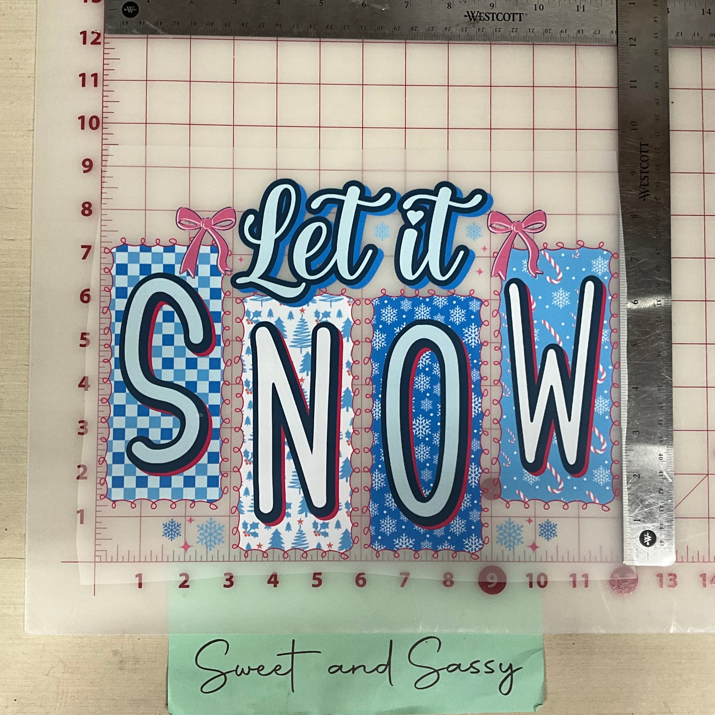 Let It Snow blue with pink trim and bows DTF Transfer Design