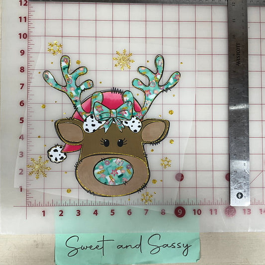 reindeer colorful bow antlers gold snow flakes DTF Transfer Design