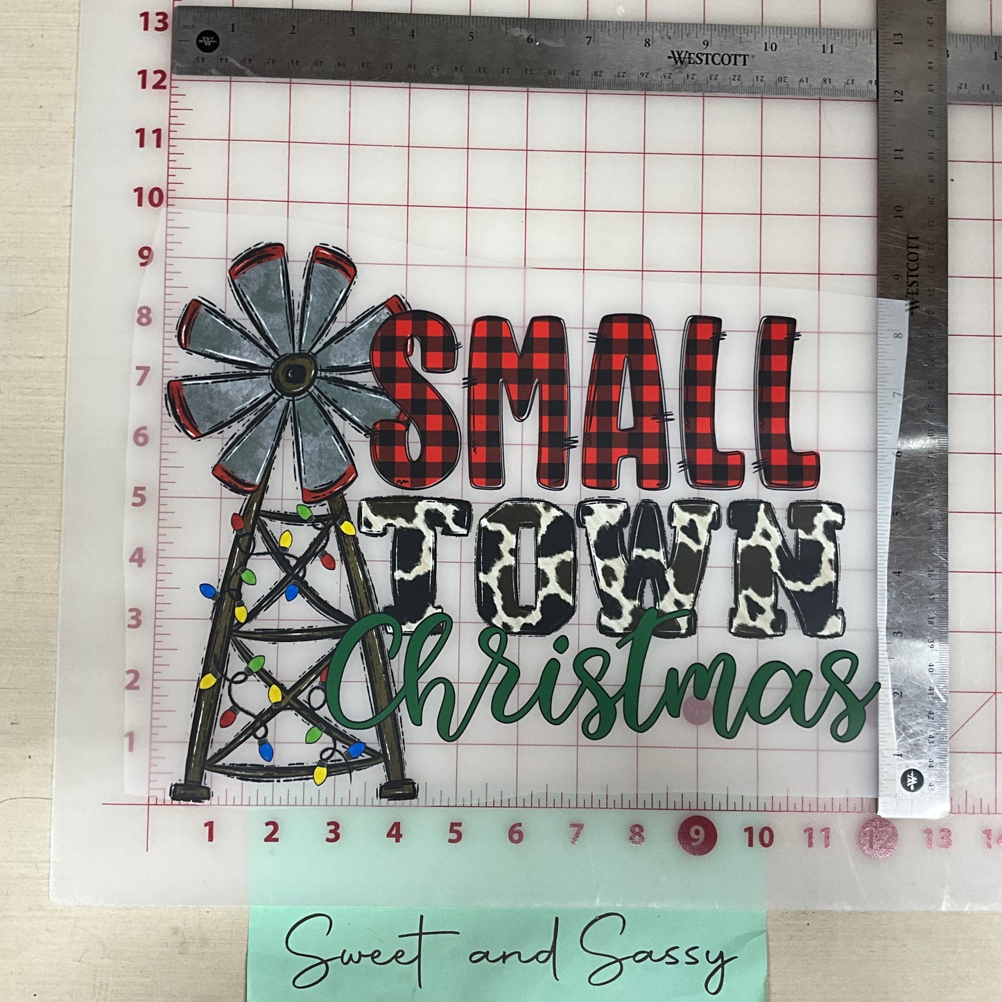 small town christmas windmill plaid and cowprint DTF Transfer Design
