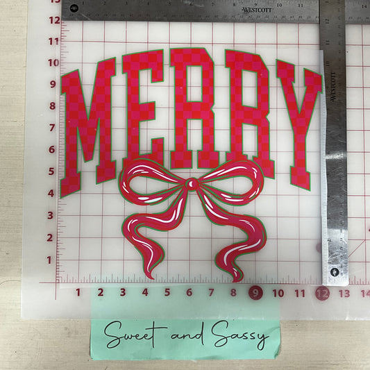 merry pink checkered doodle bow DTF Transfer Design