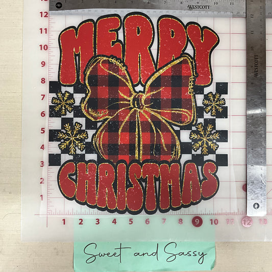 Merry Christmas Distressed plaid bow DTF Transfer Design