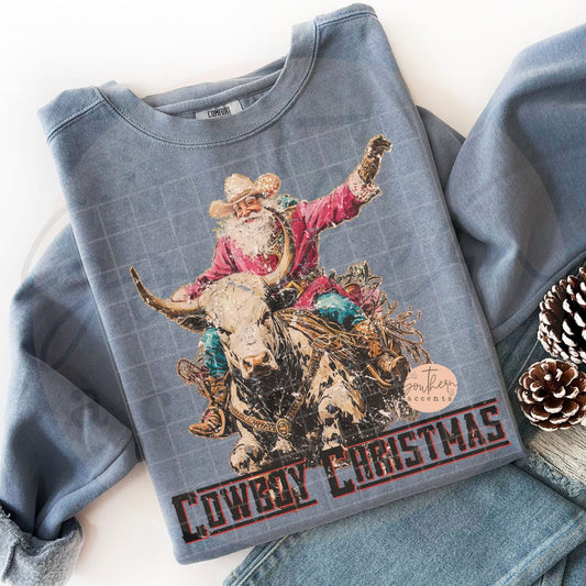 Cowboy Christmas Santa Riding Bull DTF Transfer Design