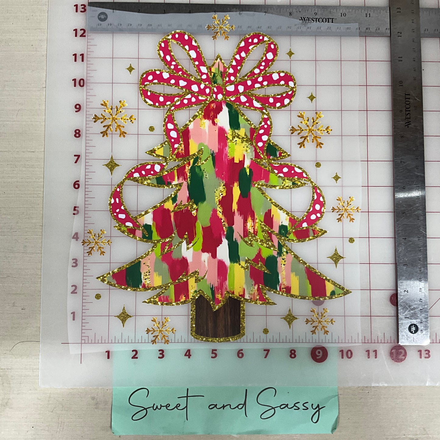 Christmas tree pink bow gold snow flakes DTF Transfer Design