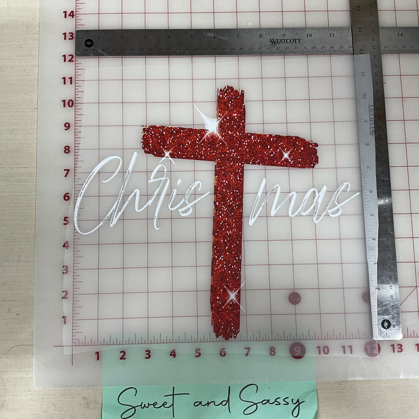 CHRISTMAS WHITE CROSS RED GLITTER DTF Transfer Design