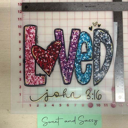 Loved John 3:16 faux sequins DTF Transfer Design