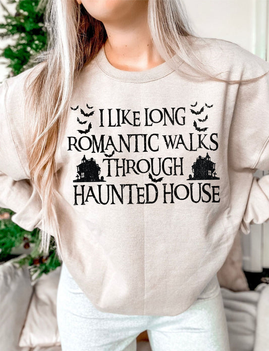 I Like Long Romantic Walks through Haunted Houses DTF Transfer Design