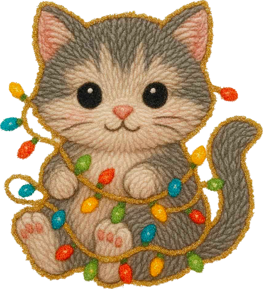 Kitten christmas lights Yarn DTF Transfer Design