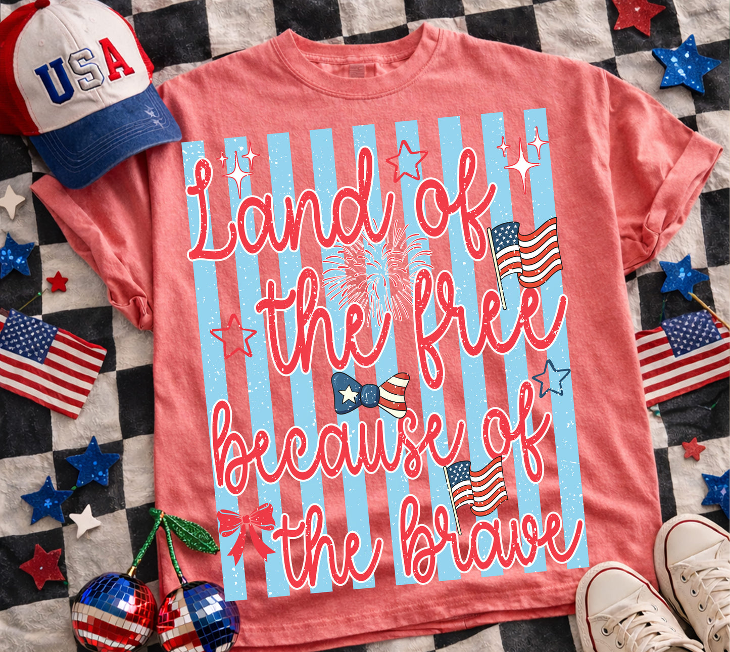 LAND OF THE FREE BECAUSE OF THE BRAVE stripes  DTF Transfer design