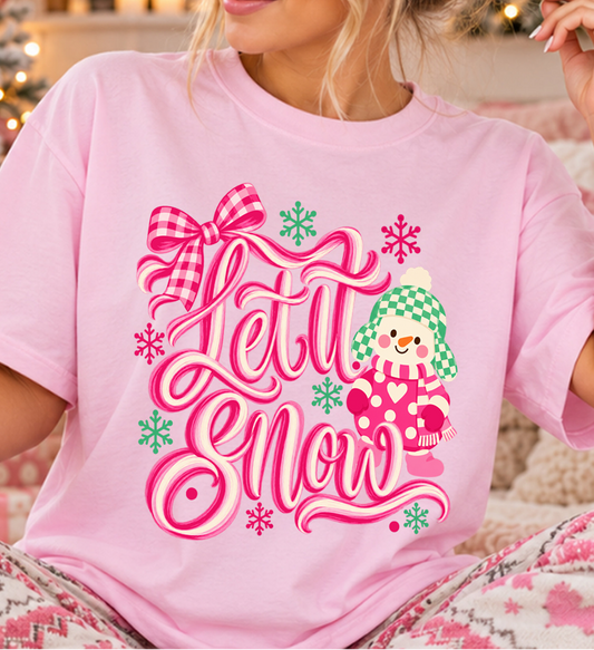 Let It Snow with a Cozy Snowman pink DTF Transfer Design