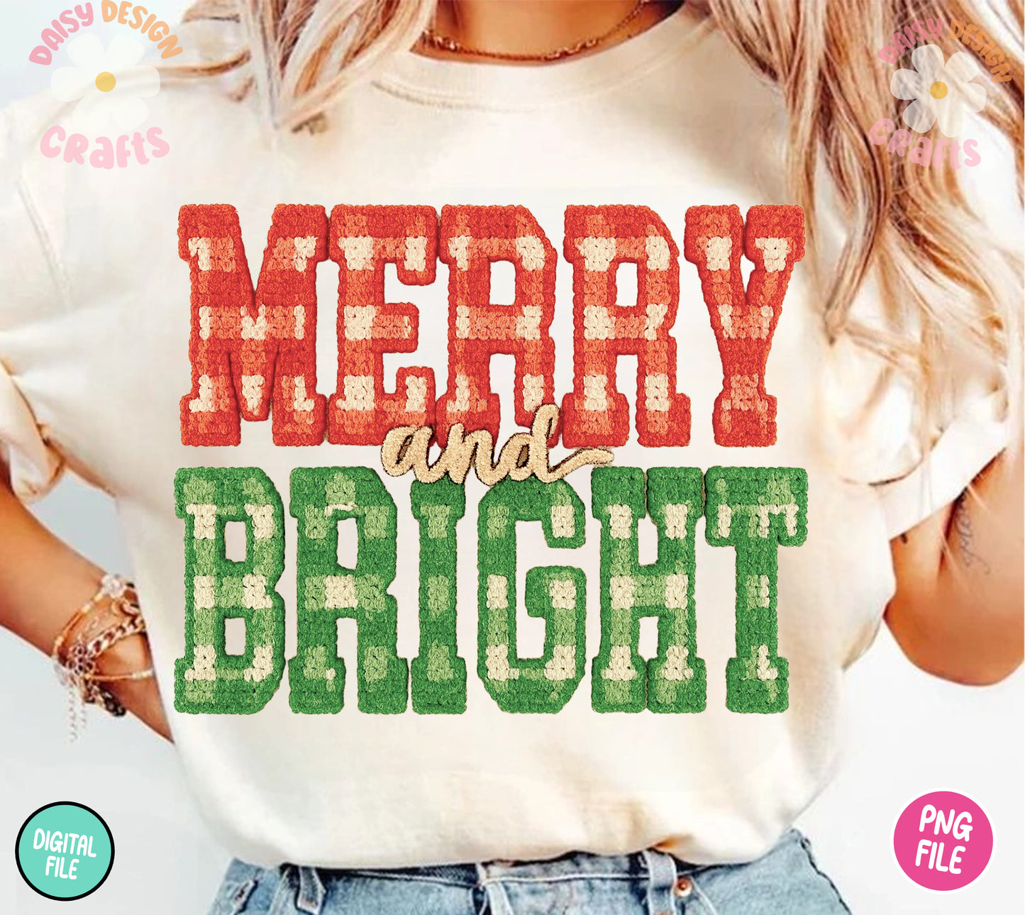 MERRY AND BRIGHT Red and Green Checkered yarn 3 DTF Transfer Design