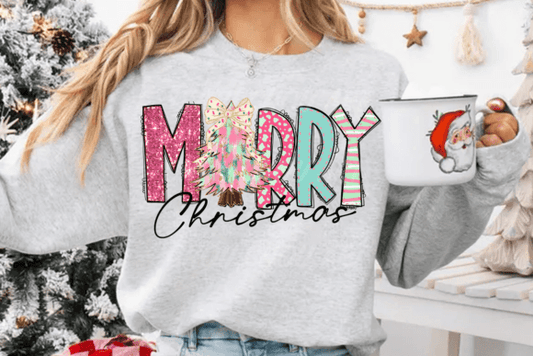 merry Christmas Pink with brushstroke tree DTF Transfer Design