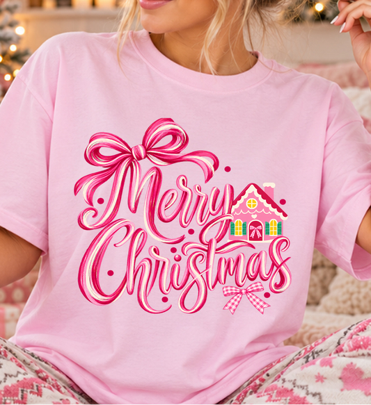 Merry Christmas Brush Lettering with Gingerbread House DTF Transfer Design