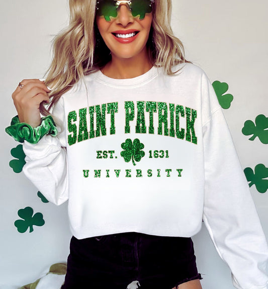 Saint Patrick University Faux Embroidery Faux Sequin DTF Transfer Design