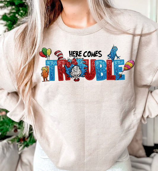 Here comes Trouble Faux Embroidery Faux Sequins DTF Transfer Design