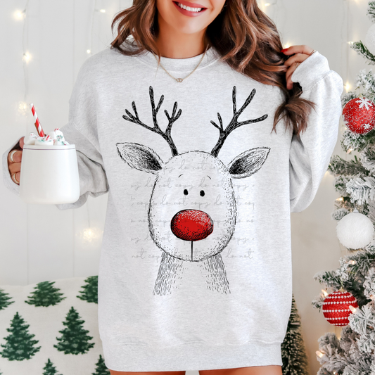 Rudolph line art red nose DTF Transfer Design