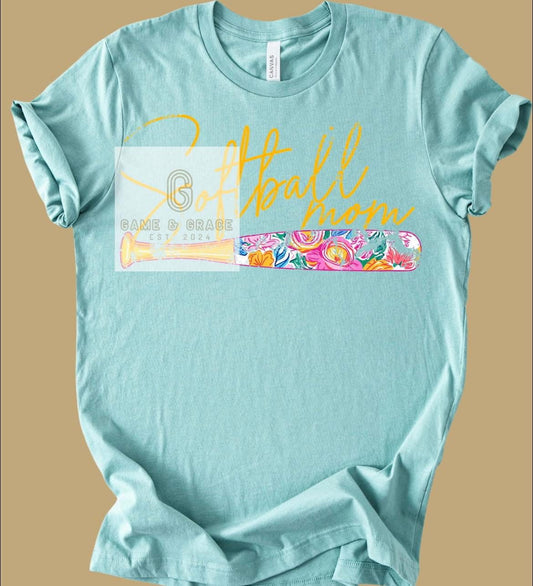 Softball Mom floral bat DTF Transfer Design