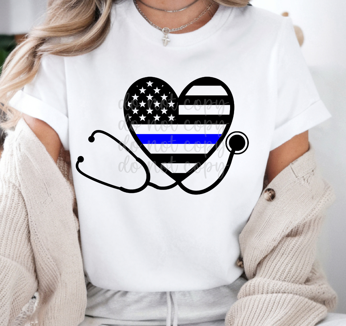 Thin Blue Line stethoscope heart DTF Transfer Design