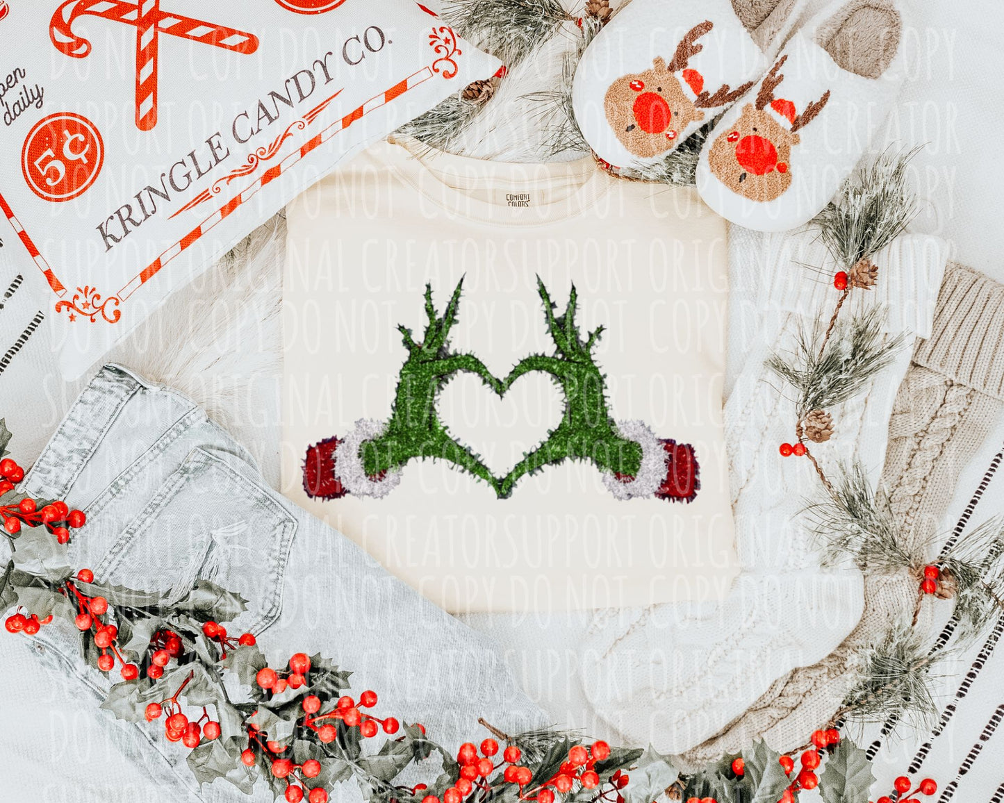 Tinsel Grinch hands heart DTF Transfer Design SS