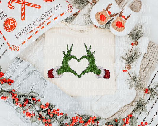 Tinsel Grinch hands heart DTF Transfer Design SS