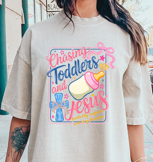 chasing toddlers and Jesus DTF Transfer Design