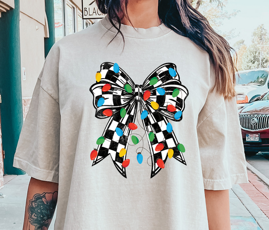 Checkered coquette bow racing Christmas DTF Transfer Design