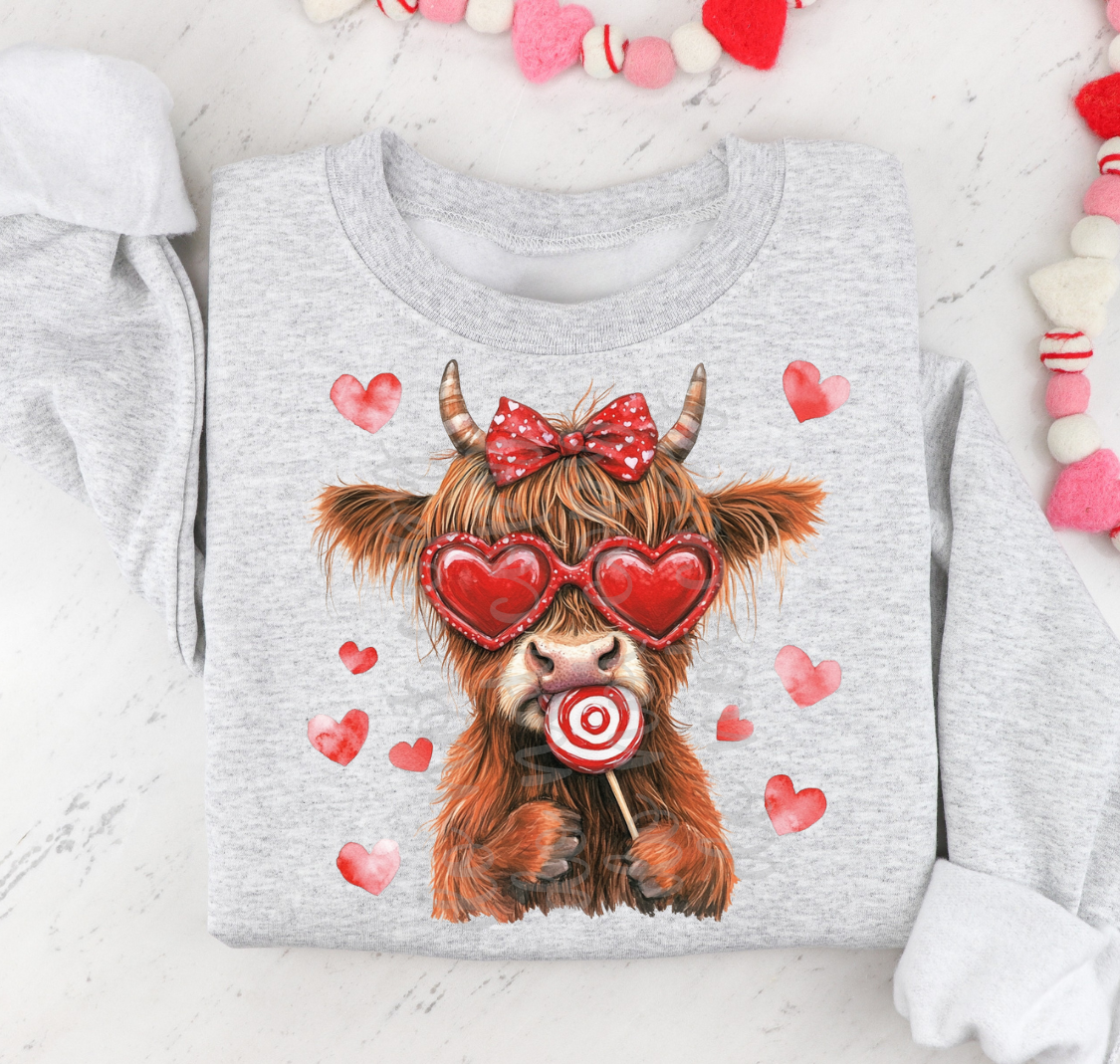 Highland Cow valentine sucker and hearts DTF Transfer Design