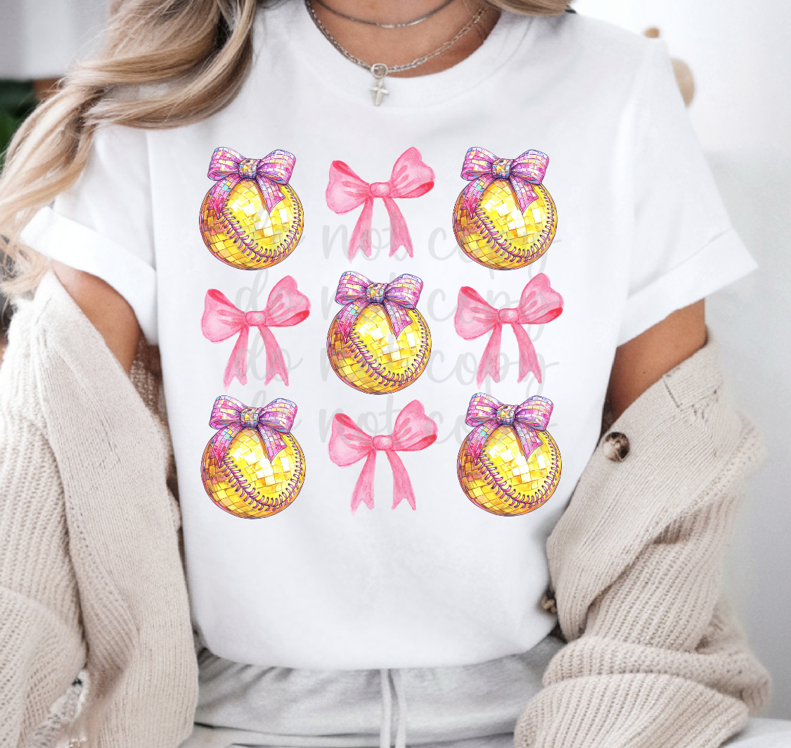 Disco softball and bows stacked DTF Transfer Design