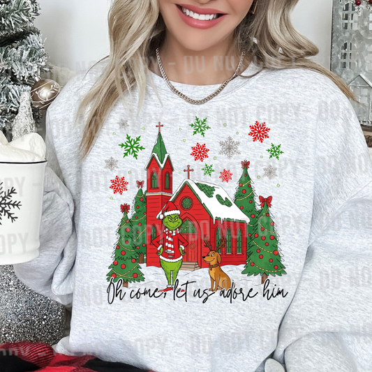 oh come let us adore him grinch and max red church DTF Transfer Design