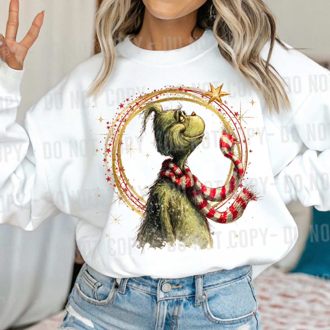 Grinch with stars looking up DTF Transfer Design