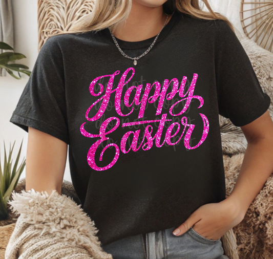 Happy Easter pink stacked faux glitter DTF Transfer Design