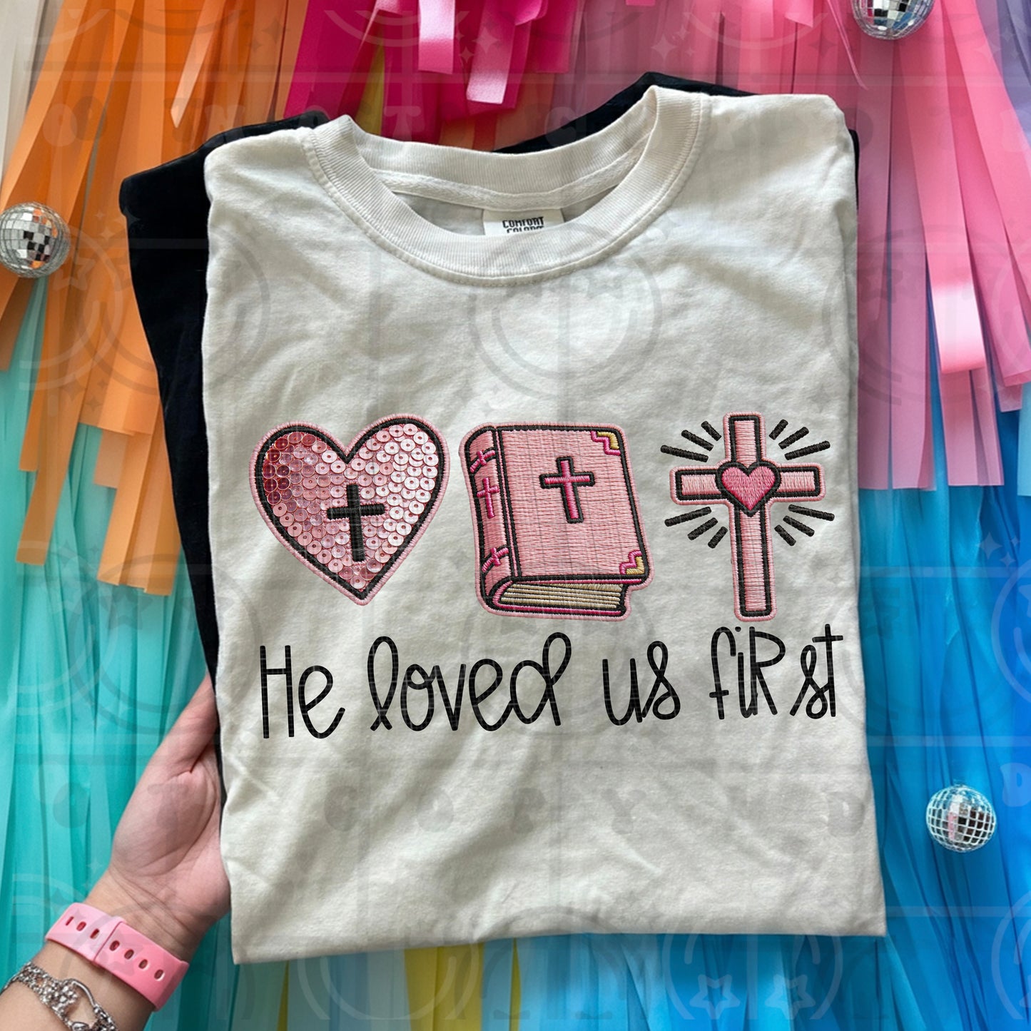 He loved us first sequin and embroidery DTF Transfer Design