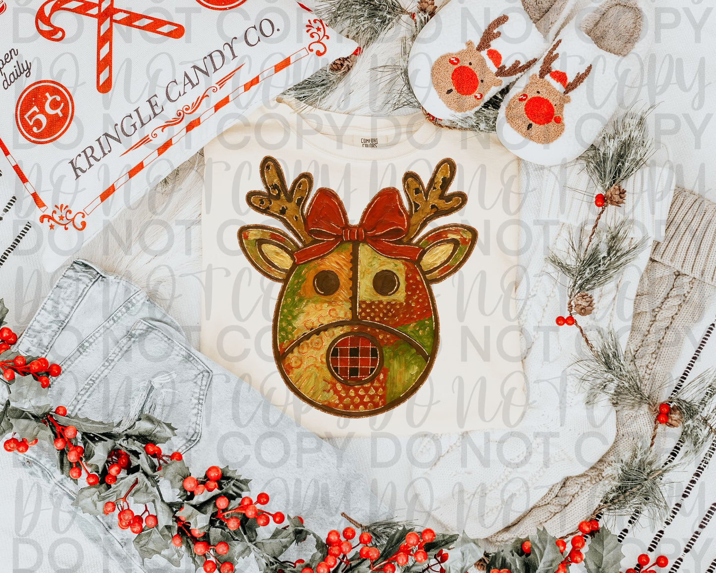 Impasto Patchwork Reindeer DTF Transfer Design