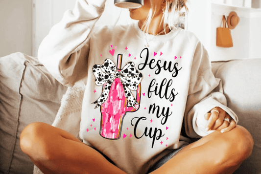 Jesus fills my Cup Pink Brushstroke cow print bow DTF Transfer Design CF