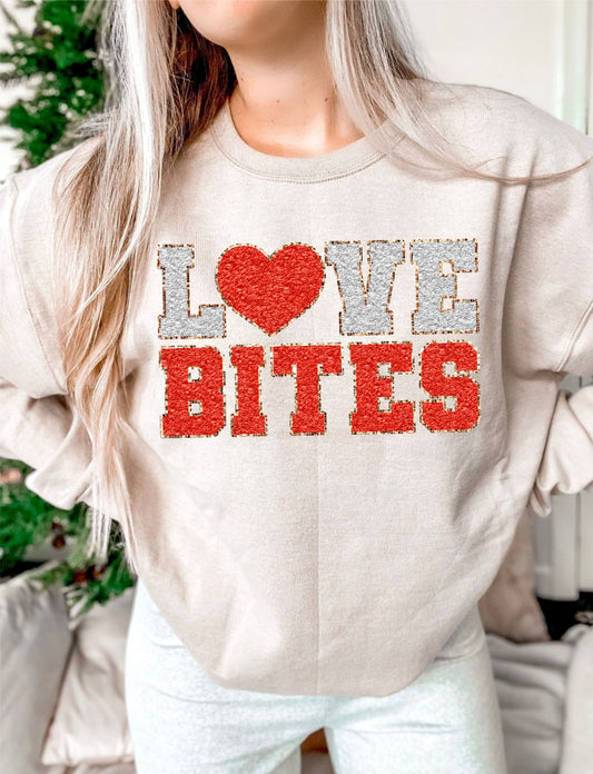 Love Bites red heart Faux Chenille DTF Transfer Design ozan