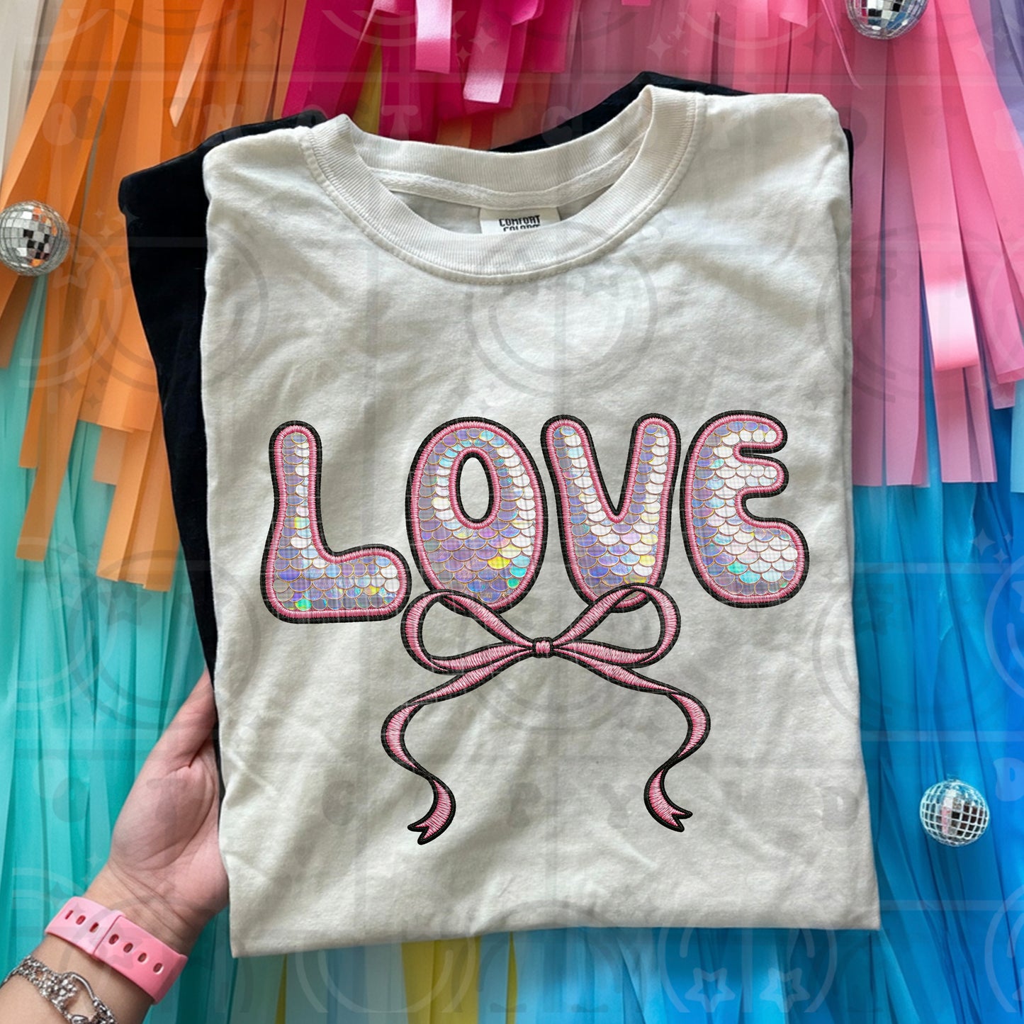 Love pink sequin bow DTF Transfer Design
