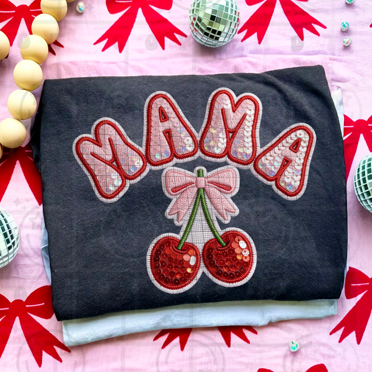 Mama sequin cherries DTF Transfer Design