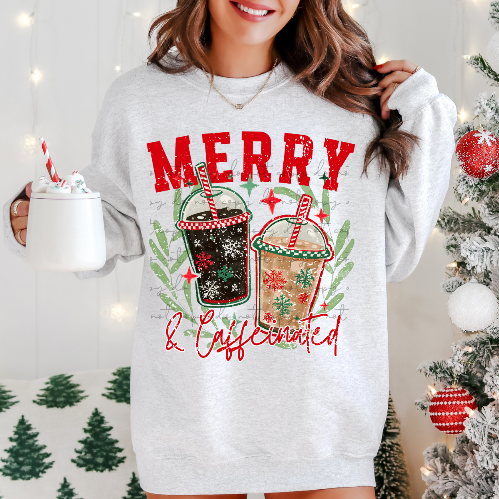 Merry and Caffeinated pink or red distressed DTF Transfer Design