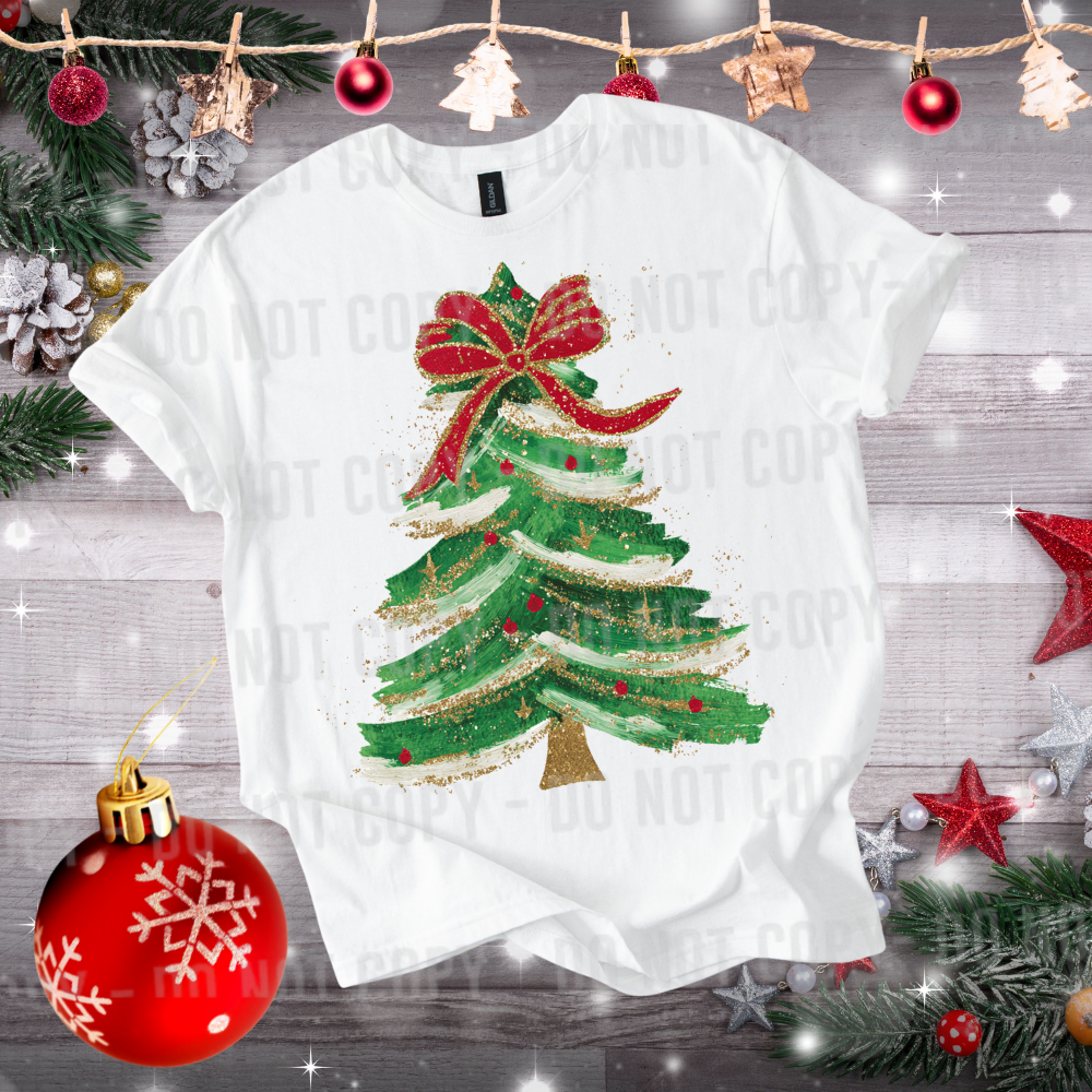 Painted Christmas tree red bow DTF Transfer Design